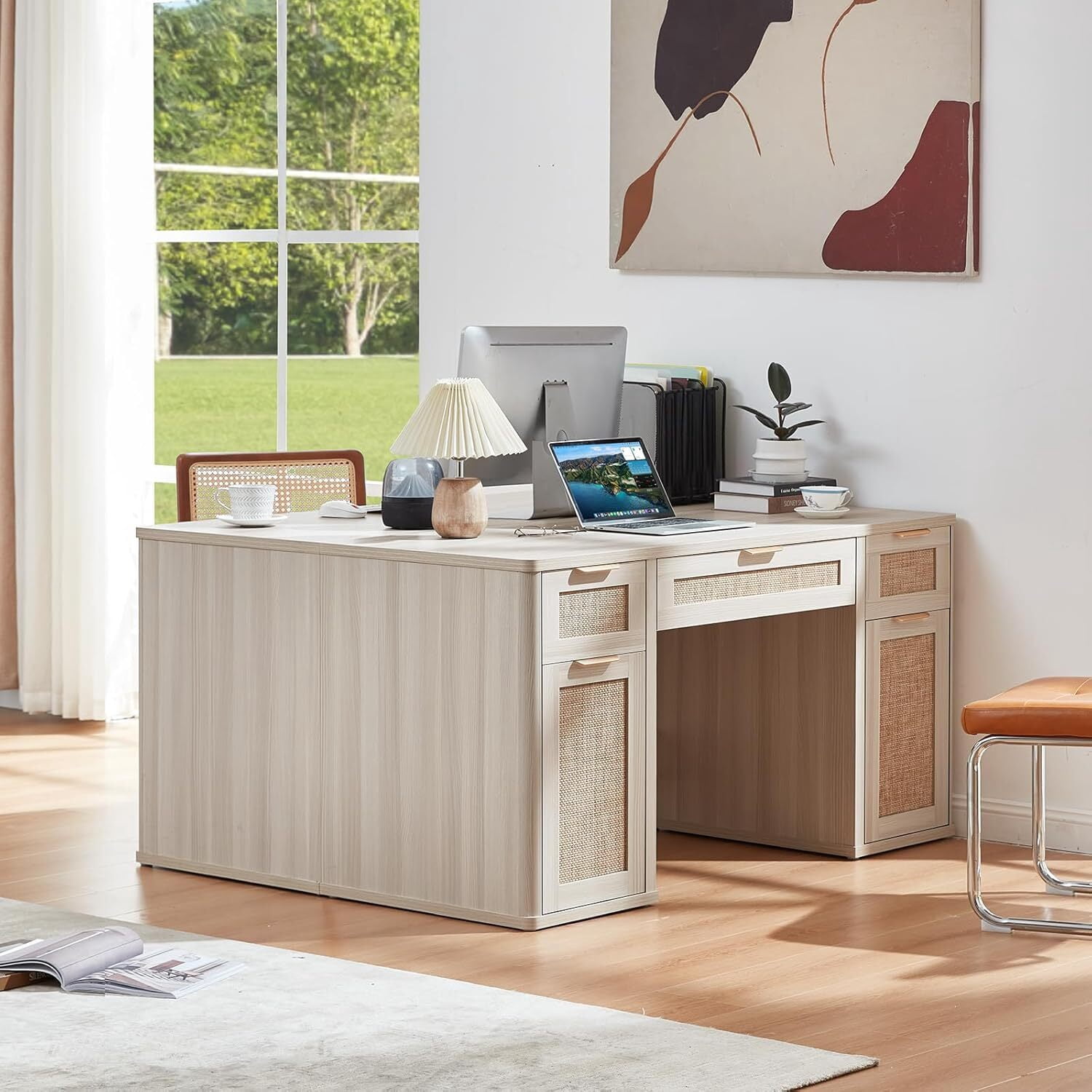 56" Home Office Desk with 3 Drawers & 2 Cabinet, Modern Computer Desk with Small Space, Corner Computer Desk, Grey White