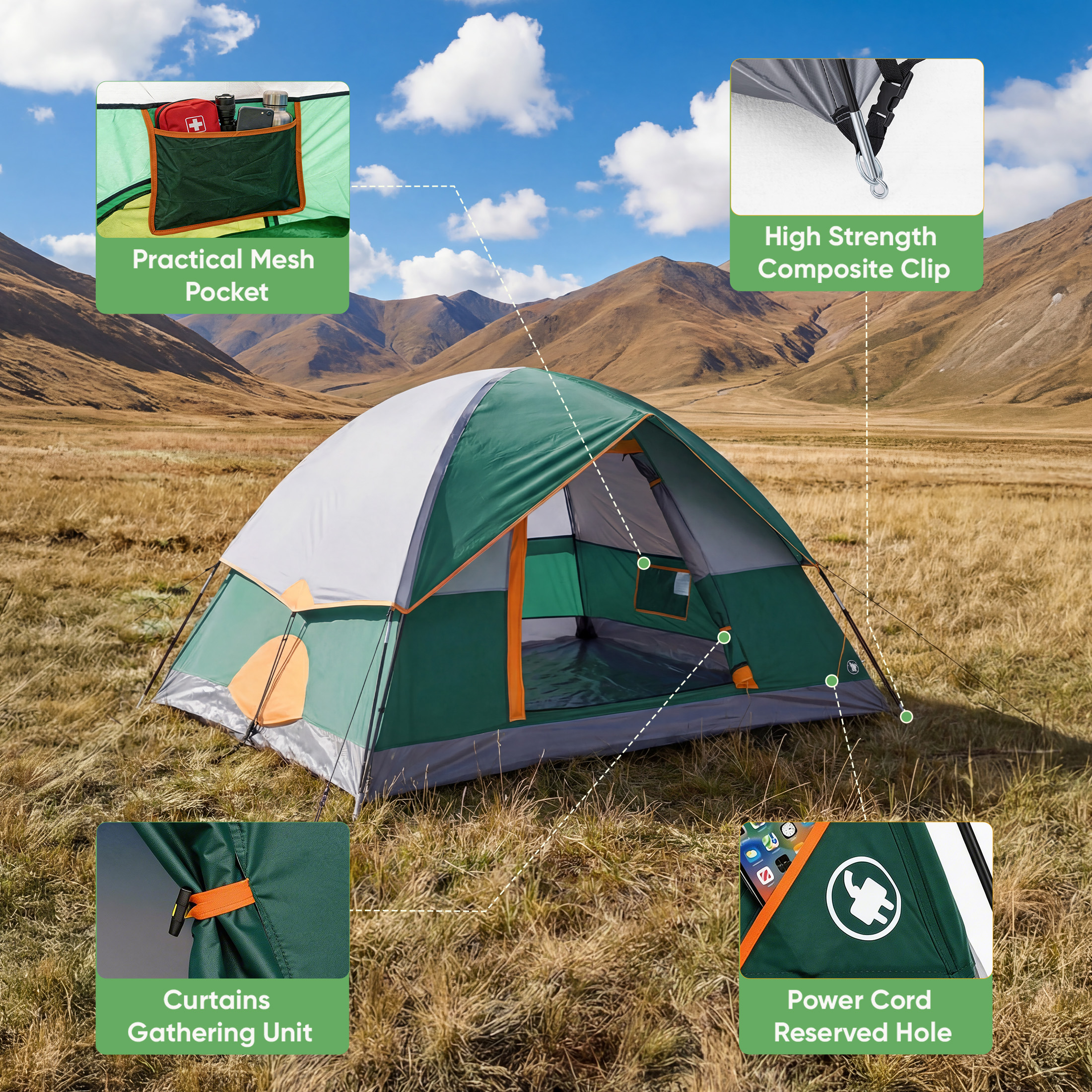 EDX Carpa Impermeable para 2 Personas con Cubierta, Fácil Armado Tipo Domo con Ventanas de Malla y Tragaluces, Ligera y Portátil para Camping al Aire Libre, Festivales y Jardín, Verde 2