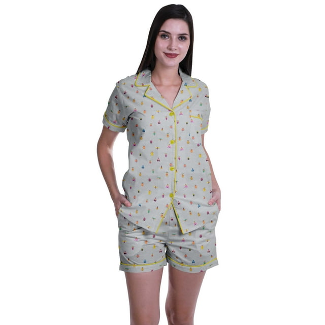 Moomaya Ensemble de Pyjama en Coton pour Femmes, Chemise de Nuit à Col Cranté à Manches Courtes