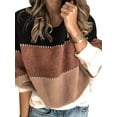 thumbnail image 5 of Femmes Pull Couleur Bloc Stripe Top Col Rond Bloc Stripe Pull Manches Longues Chemisier, Kaki, S, 5 of 5
