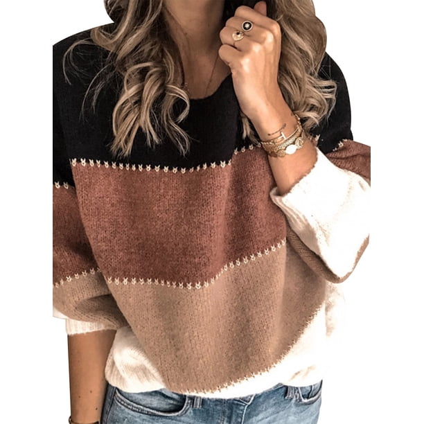 Sonducket Blusa de manga larga con cuello en la parte de la raya del bloque del color del suéter de las mujeres Prendas para la parte del cuerpo Caqui SG