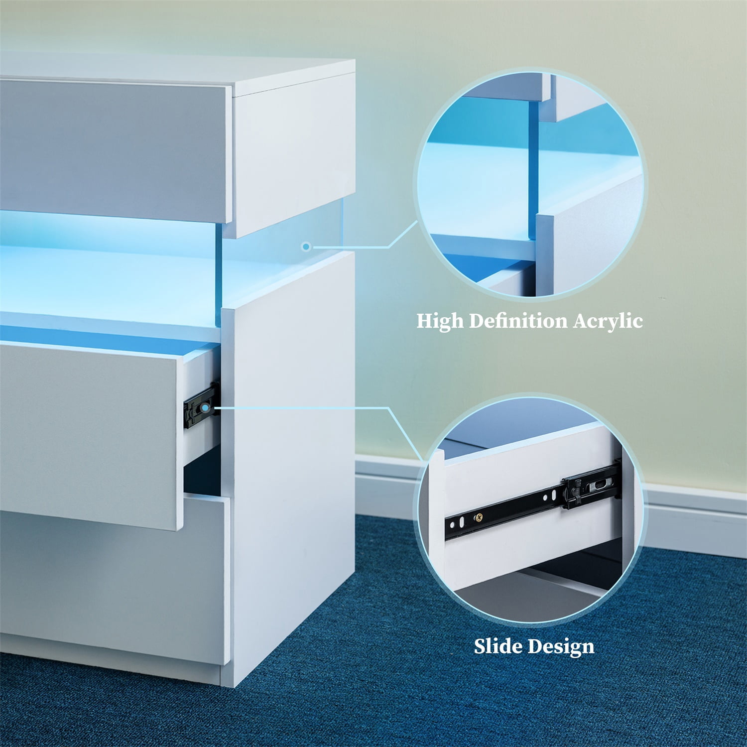 Hommoo 3 Drawer Dresser LED Nightstands, End Table Bedside Tables for Bedroom, Living Room, White