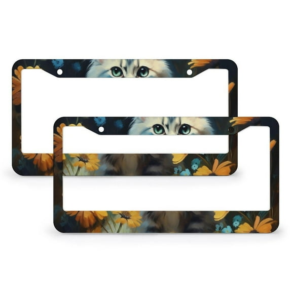 License Plate Cover Cat Sitting Among Flowers License Plate Frames Cover Holders 2 Pcs Set Cute Cat Kitten Quality Aluminum License Plate Frames Gift for Dad 12.2 X 6.3 inch