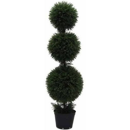 Vickerman 4' Artificial Triple Ball Green Cedar Topiary Potted in a Black Planters Pot, UV-Resistant