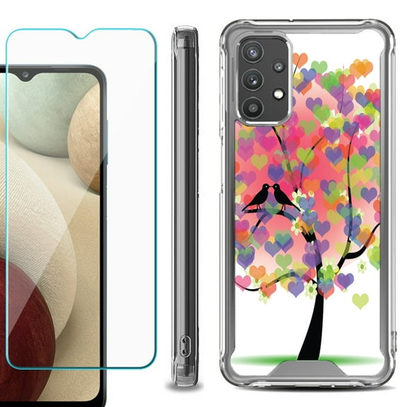 Shockproof Bumper Phone Case for Samsung Galaxy A32 5G, with Tempered Glass Screen Protector, by OneToughShield ® - Color Hearts Tree