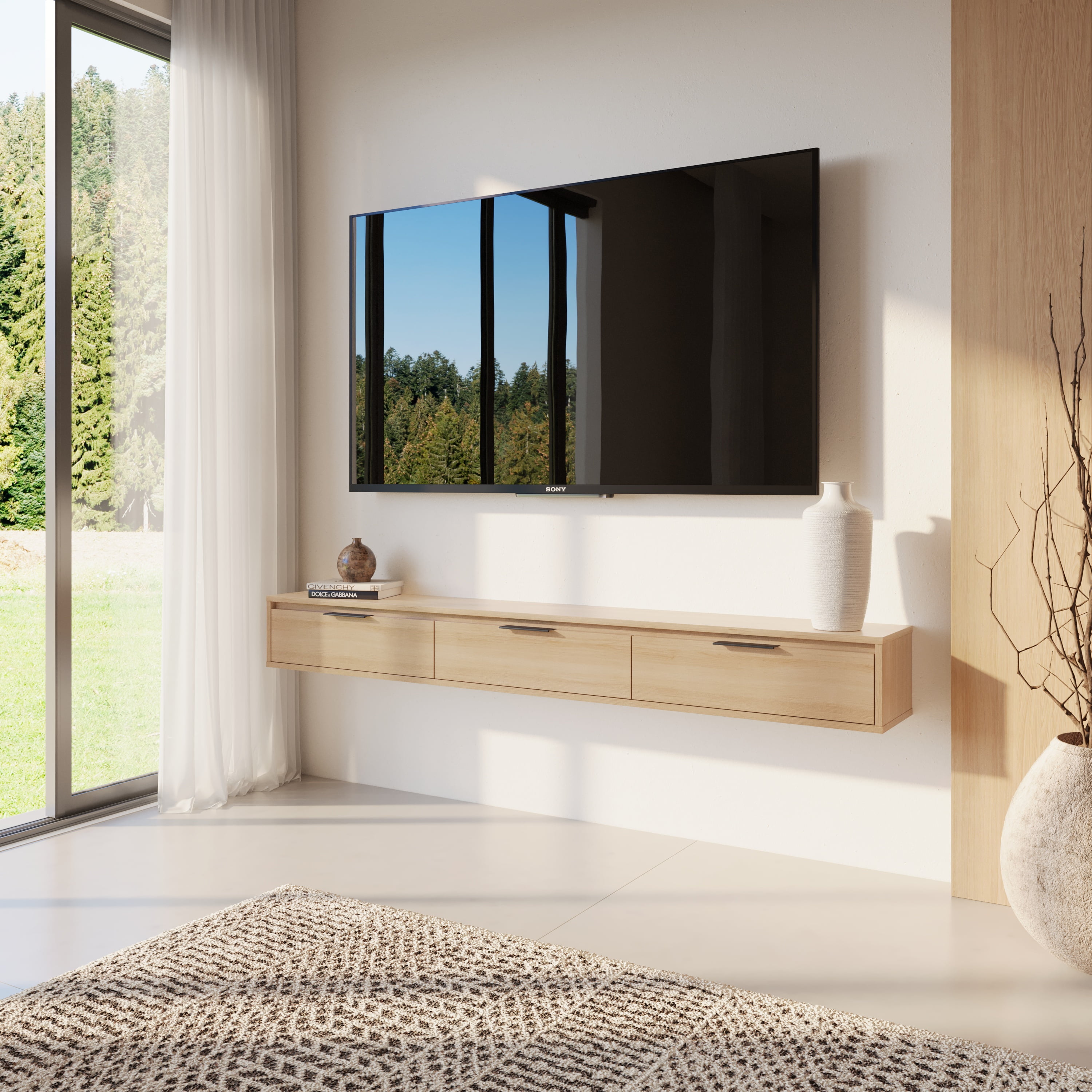 Meuble TV mural Nexera Slim 72 po à 3 portes et 3 armoires, chêne blond naturel
