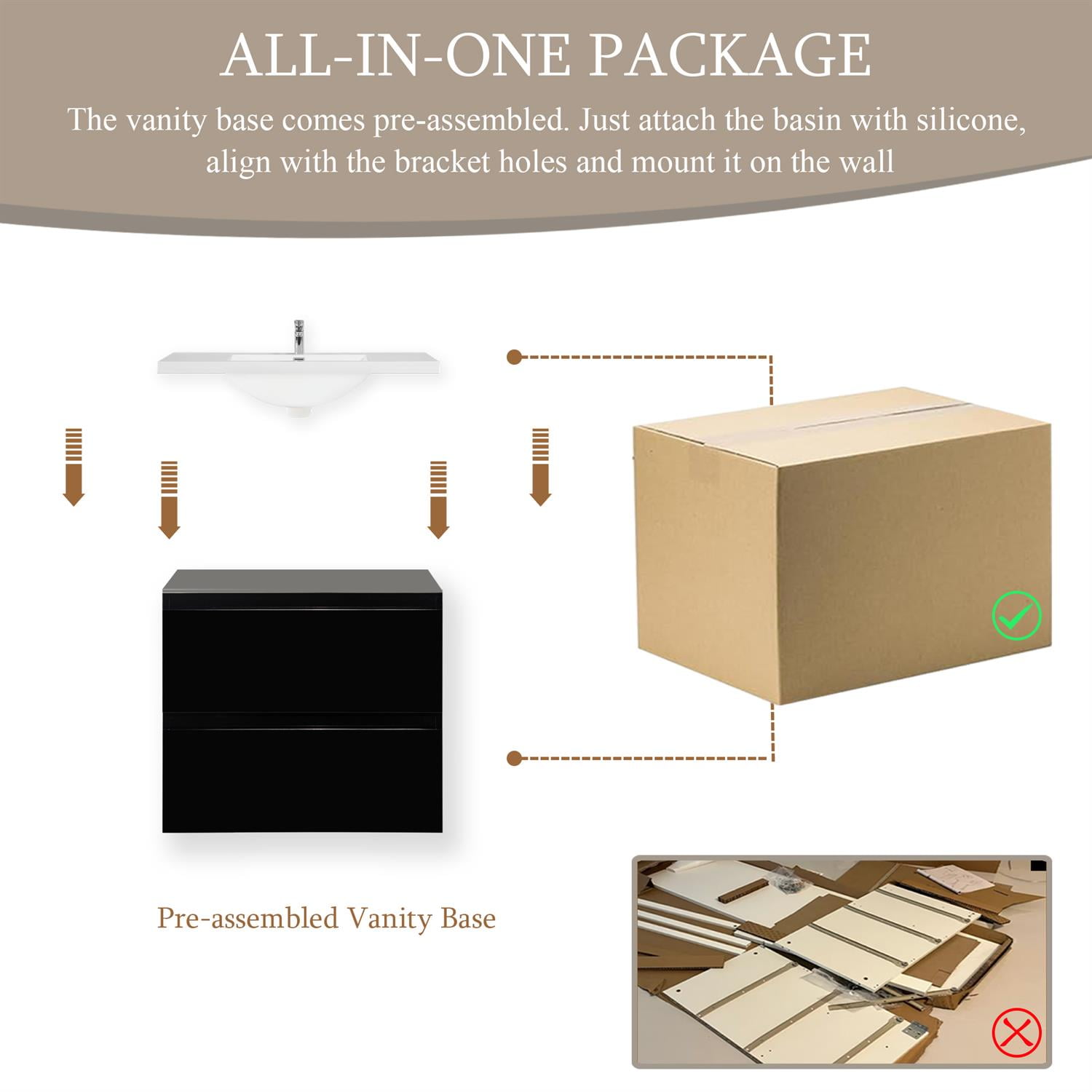 Demi Bonn 24" Floating Bathroom Vanity with Sink, Resin Top Basin and 2 Soft Close Drawers, Faucets and Drains Not Included, Black