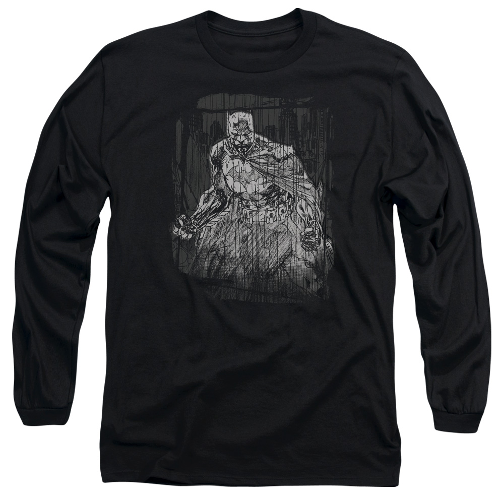 Batman Pencilled Rain Long Sleeve Adult 18/1 T-Shirt Black