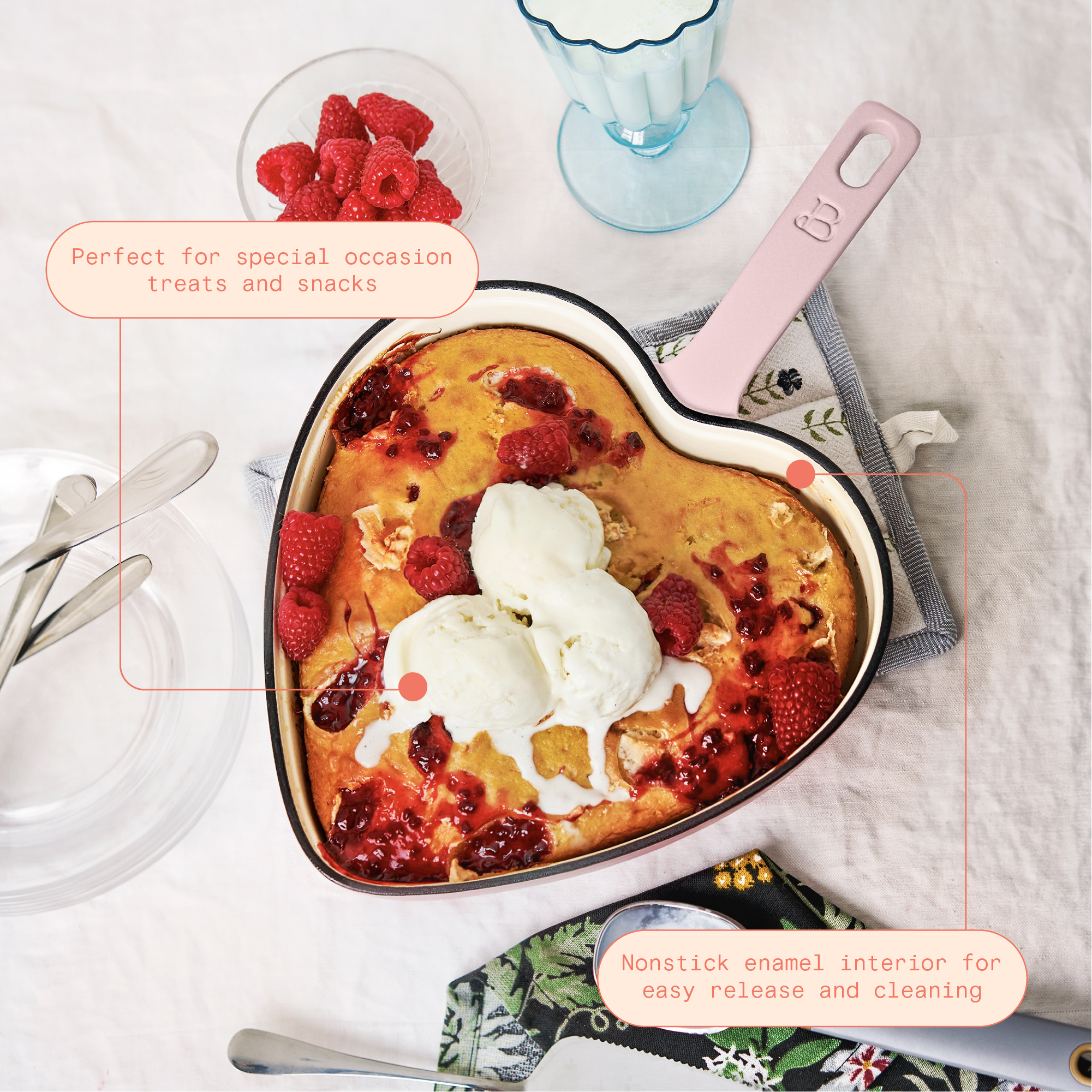 Beautiful by Drew Barrymore 10-Inch Heart Enameled Cast Iron Skillet, Pink photo 3