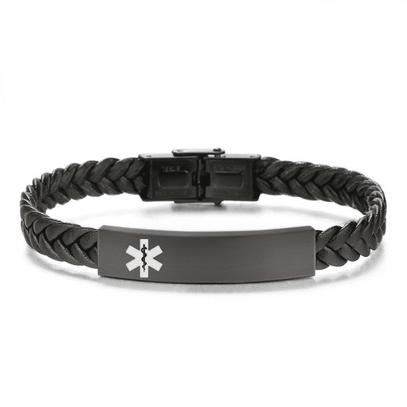 Dainty Leather Medical Alert Bracelet Personalized ID Nameplate Bracelets for Men Women Disease Food Allergy Identification Jewelry for Emergency SOS Name ICE Medical Info Customizable, 8.26inch