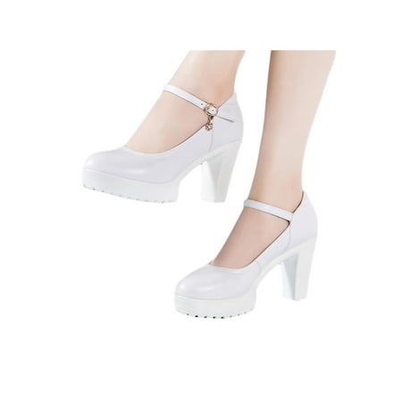 

Eloshman Women High Heels Ankle Strap Pumps Buckle Work Shoes Casual Lightweight Chunky Platform Shoe Soft Dress Pump White 9CM 7.5