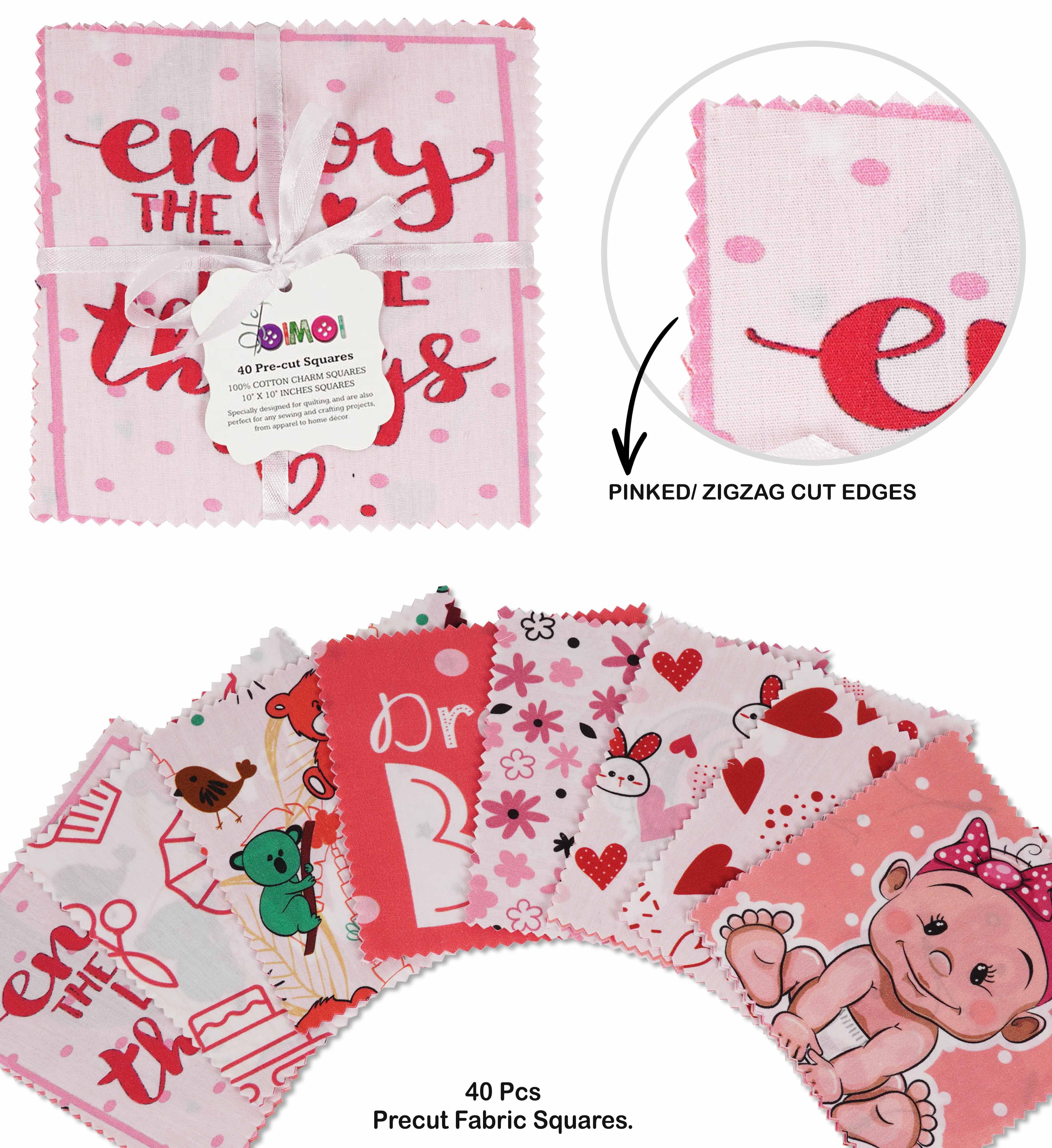 Soimoi Precut 10-inch Baby Boy Prints Cotton Fabric Bundle Quilting Squares Charm Pack DIY Patchwork Sewing Craft- Rose Pink