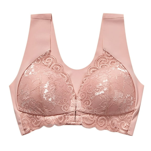 RYRJJ Front Closure Lace Deep V-Neck Bras for Women Plus Size Wirefree Push Up Shaping Bra Full-Coverage Unpadded Everyday Underwear(Pink,L)