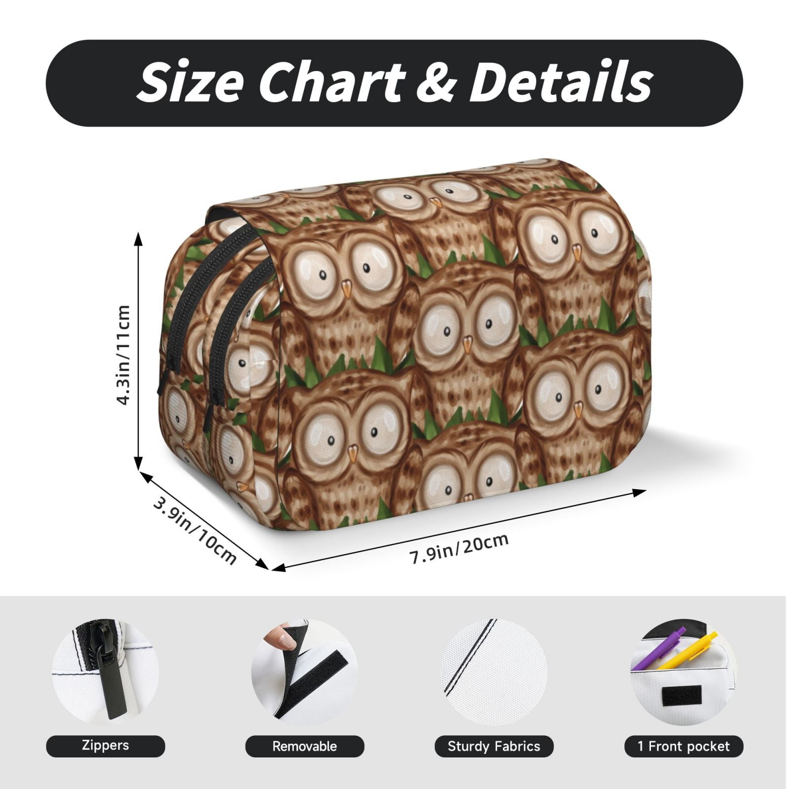 Rateoe Beautiful Owl Pattern Double Clamshell Pen Case, Storage Organizer with Two Zipper Compartments– Holds Up to 50 Pencils & Pens