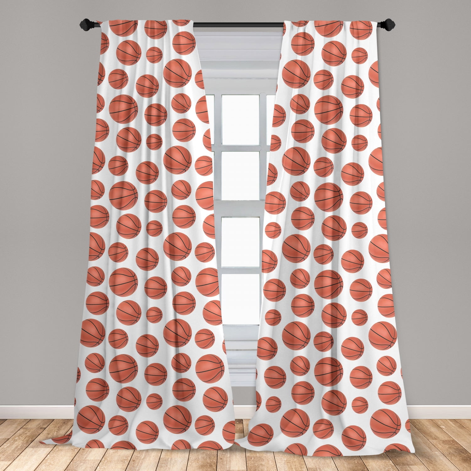 Basketball Curtains 2 Panels Set, Realistic Style Balls Pattern on