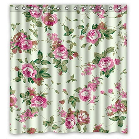 Hellodecor Pink Noble Peony Rose Green Leaf Shower Curtain