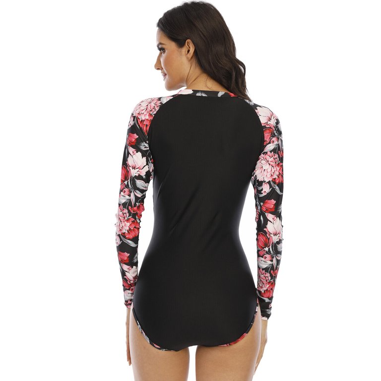 SHANNA Women's Long Sleeve One Piece Swimsuit Athletic Rash Guard Zipper  Floral Printed Surfing Swimsuit Bathing Suit, 2XL Size