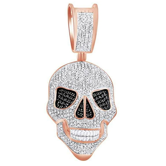 AFFY 1 Cttw Round Black & White Natural Diamond Iced Out Hip Hop Jewelry Skull Pendant In 14k Solid Rose Gold