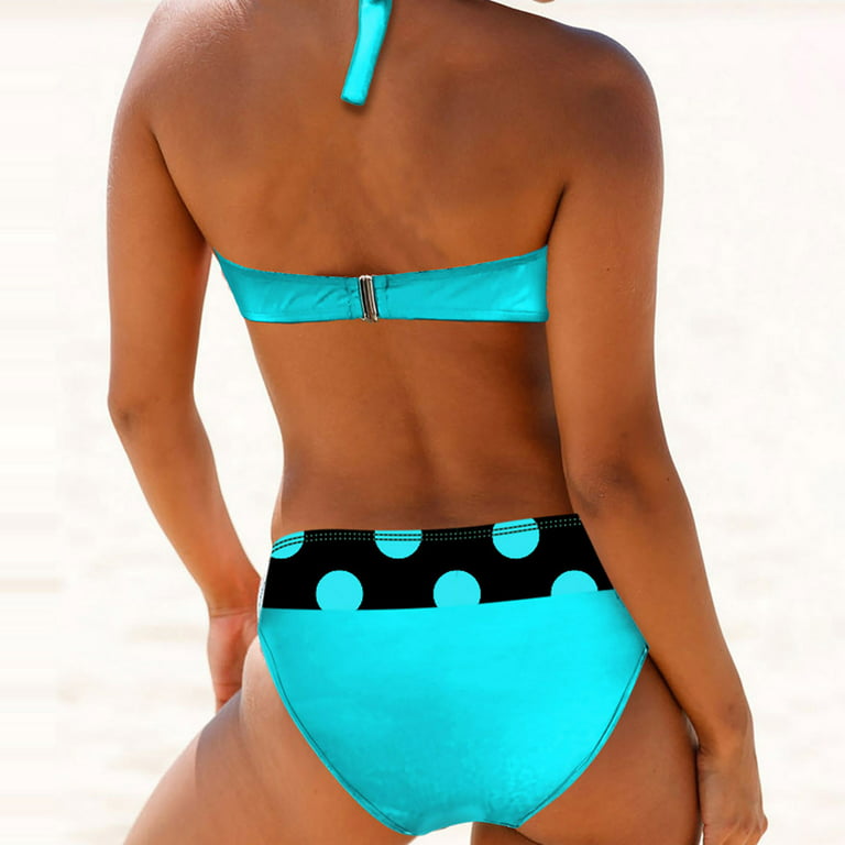 DNDKILG Women's Front Bowknot Bikini Sets High Waisted Bottom Full Coverage  Bikini Top Bathing Suit Sexy Polka Dot Two Piece Swimsuit Blue S