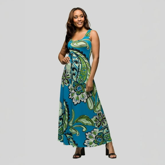 Women's 24seven Comfort Apparel Paisley Print Scoop Neck A-Line Sleeveless Maxi Dress Color: Blue Multi Size: LARGE