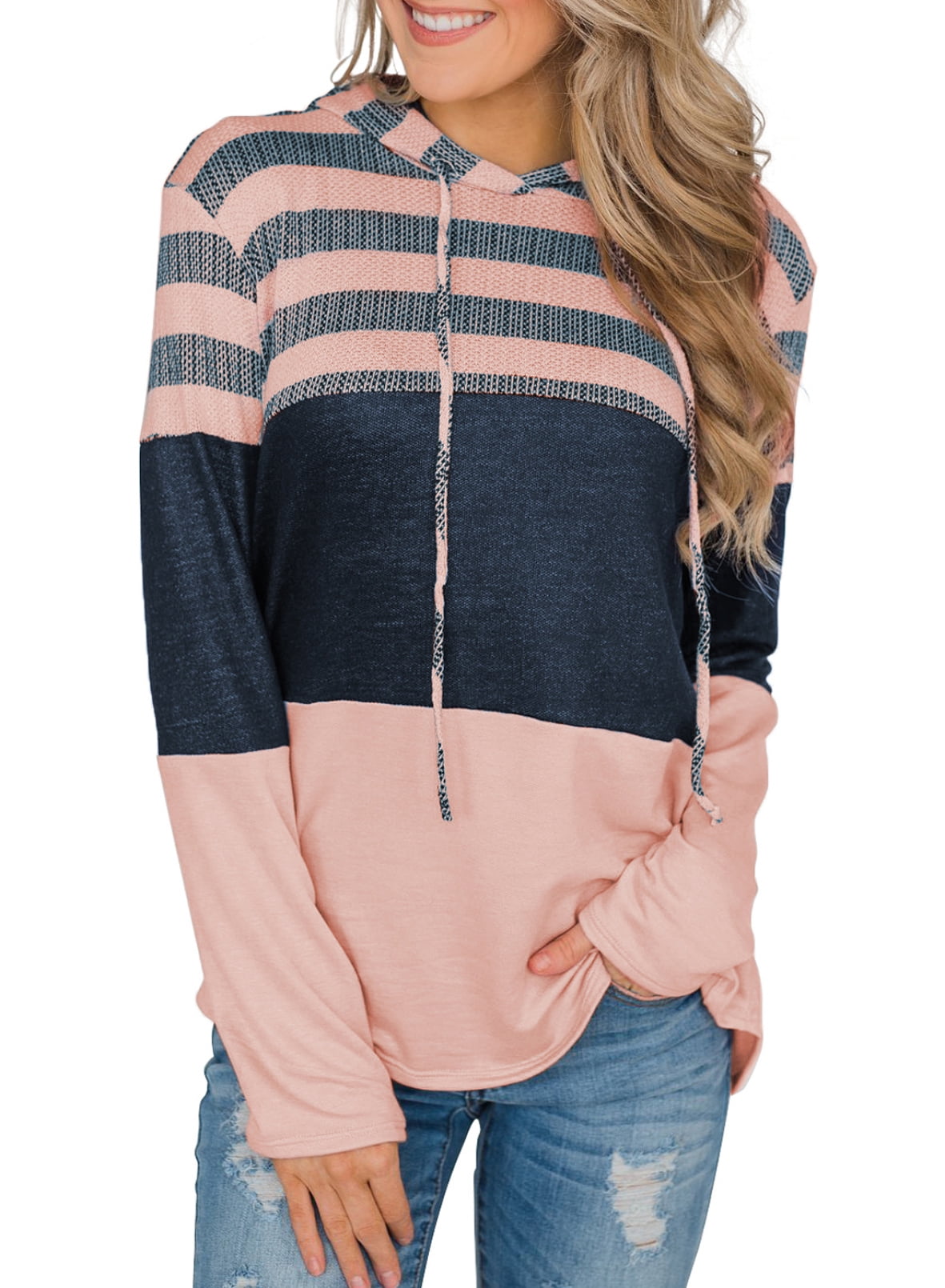 Womens Tops Color Block Hoodie Drawstring Long Sleeve Sweatshirt with Front Pocket Causal Tunic Pullover Tops 