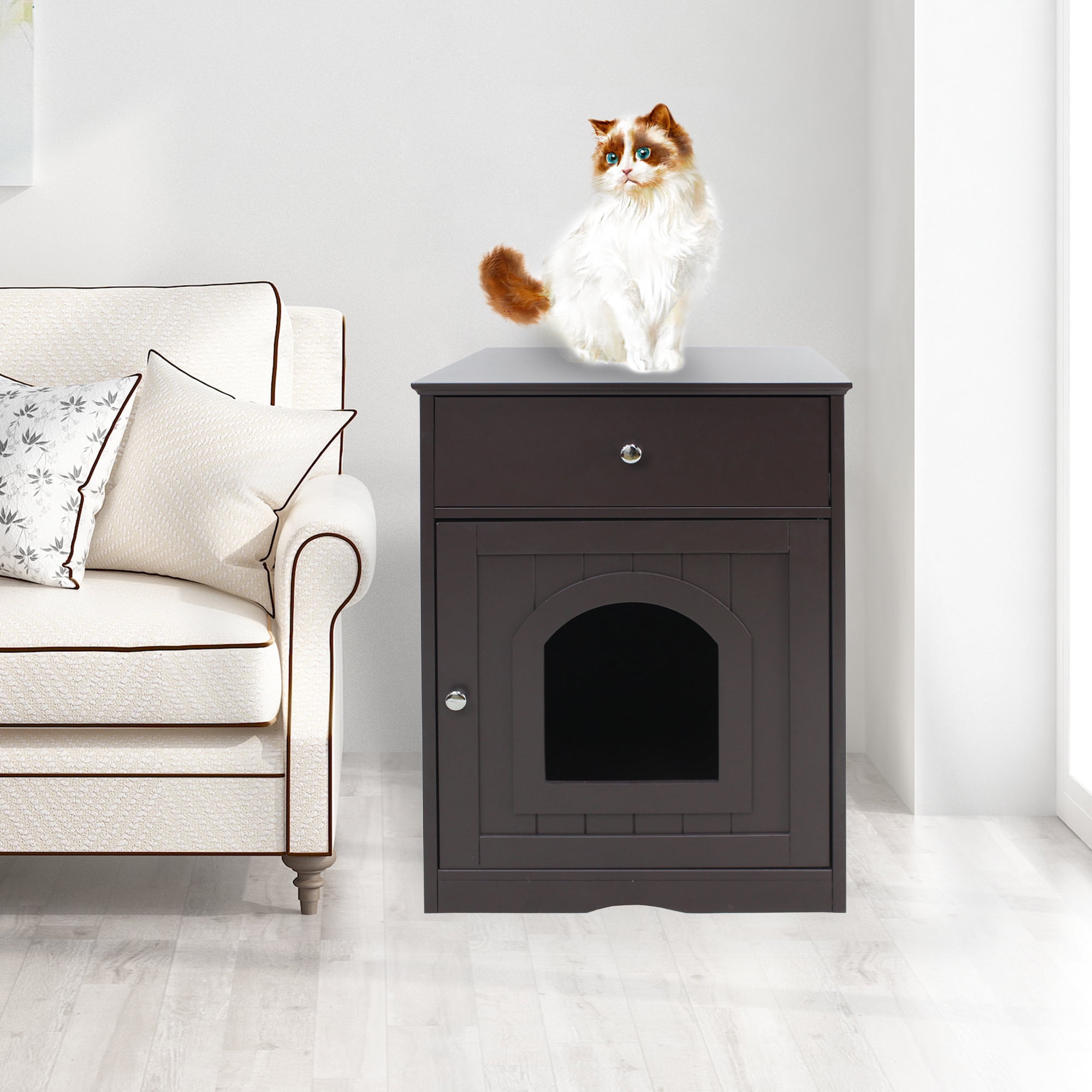 Pefilos 20" Decorative Cat House Side Table, Pet Crate Litter Box Enclosure Cabinet Kitty Washroom, Brown Pefilos 20" Decorative Cat House Side Table, Pet Crate Litter Box Enclosure Cabinet Kitty Washroom, Brown