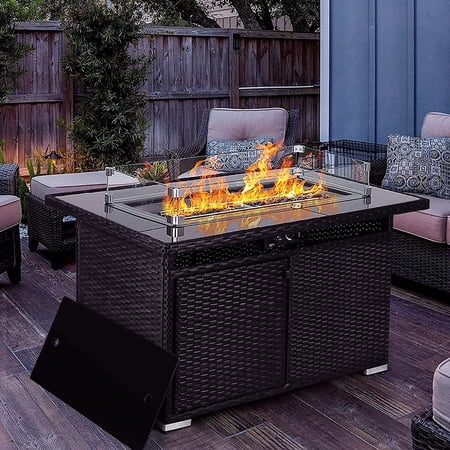 Bossin Propane Fire Pit Table, 44 inch 50,000 BTU Auto-Ignition Gas Fire Pit Table with Rain Cover Black-Rattan Black-Rattan