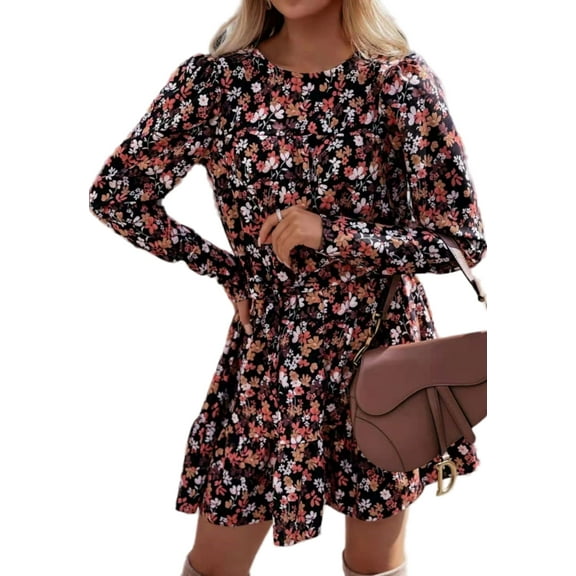 Crew Neck Printed Gigot Sleeve Dress for Women Above Knee Length