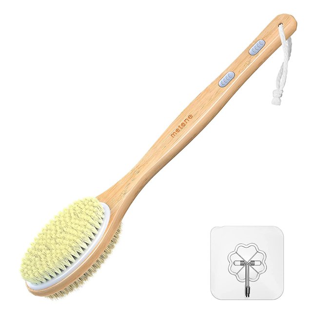Cepillo corporal de bambú con cerdas naturales rígidas y suaves, frotador de espalda para ducha con mango largo, cabezal de cepillo de doble cara para cepillado húmedo o seco, Exfo