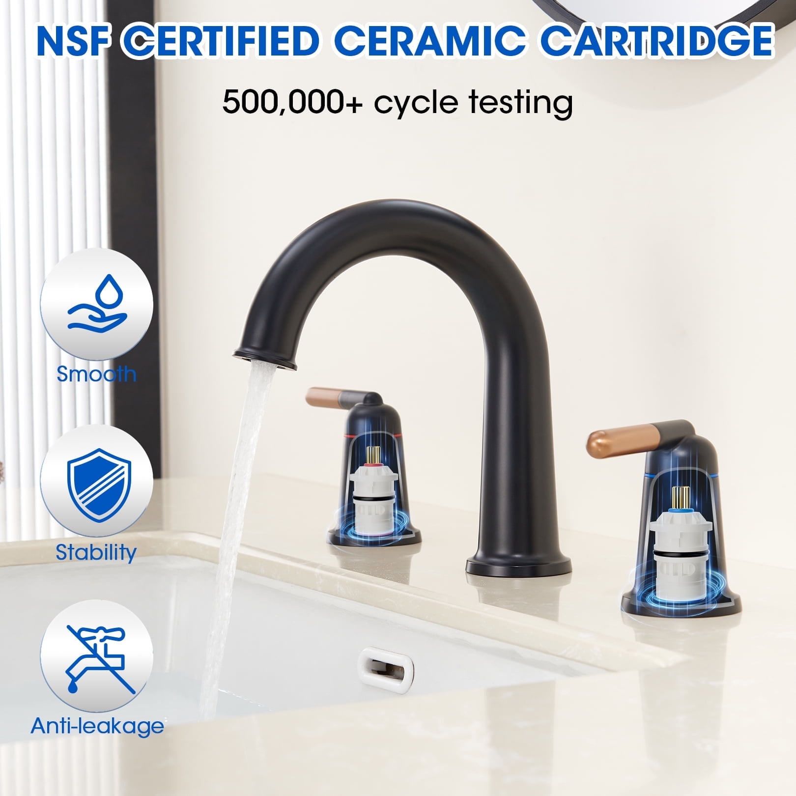 Wowkk Sanitary Ware Brass Bathroom Sink Faucet 2 Handles Widespread Bathroom Faucet 3 Hole, Pop-Up Drain and cUPC Supply Lines Included, Basin Faucets for Vanity Rv Restroom, Rose Gold Matte Black