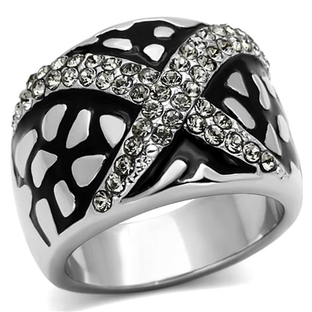 Alamode TK921-6 Bague en Acier Inoxydable Poli pour Femmes avec Cristal de Qualité Supérieure en Diamant Noir - Taille 6