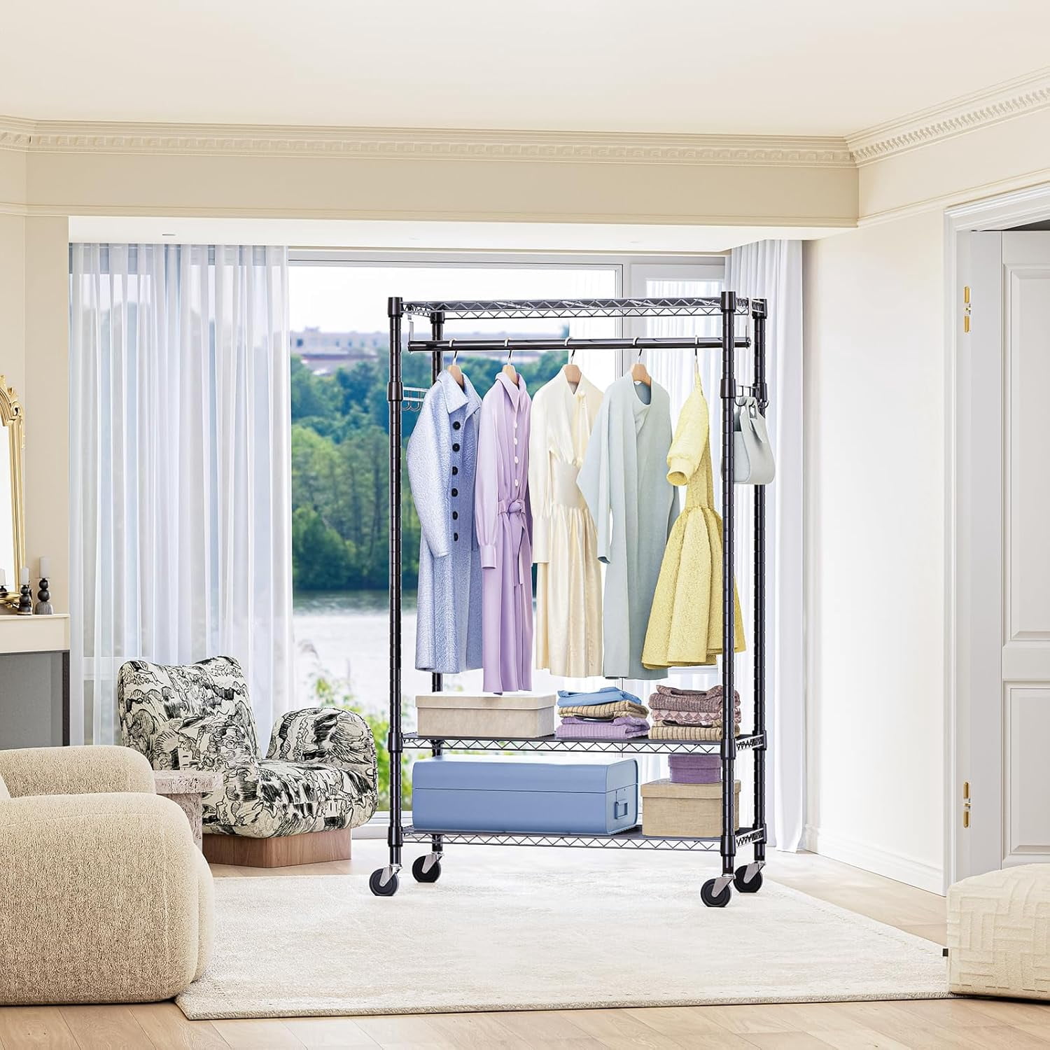 M MZG Garment Rack Adjustable with Hanging Rod Garment Rolling Closet ...