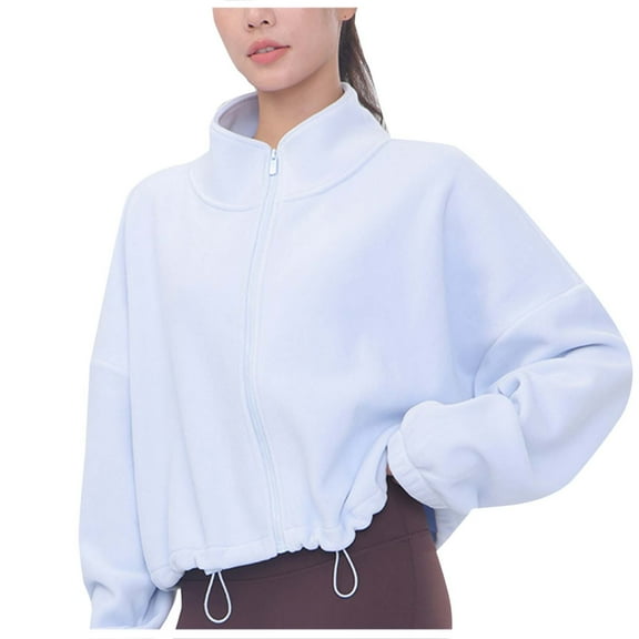 HTNBO Women's Full Zip Fleece Short Jacket Warm Winter Long Sleeve Stand Collar Sherpa Crop Coat