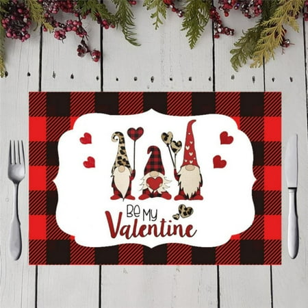 

Romantic Valentine s Day Placemats Set of 4 Gnomes Heart Red Buffalo Check Plaid Heat Resistant Place Mat for Dining Table Washable Burlap Cotton Table Mats