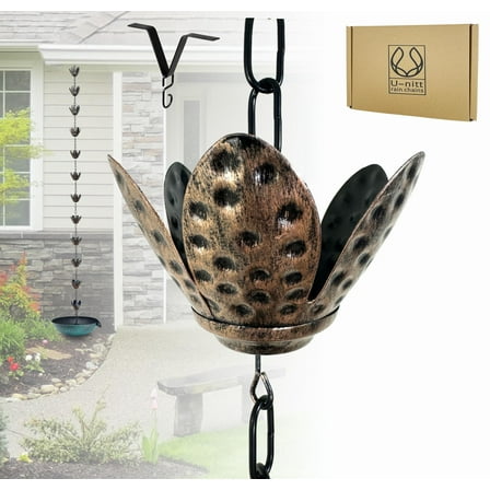 U-nitt Rain Chains for Gutters | Rainwater Catcher & Diverter | 8.5 FT Metal Rain Chain | Powder Coated Rustic Copper Lily | Roof Gutter Chain Downspout | DIY Rain Chain Installation Kit