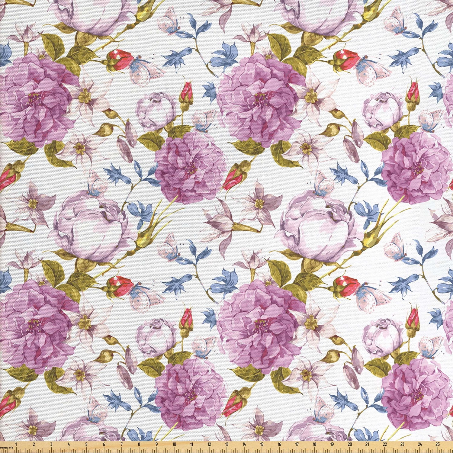 Flower Fabric by The Yard, Vintage Style Blossoming Flowers Pattern