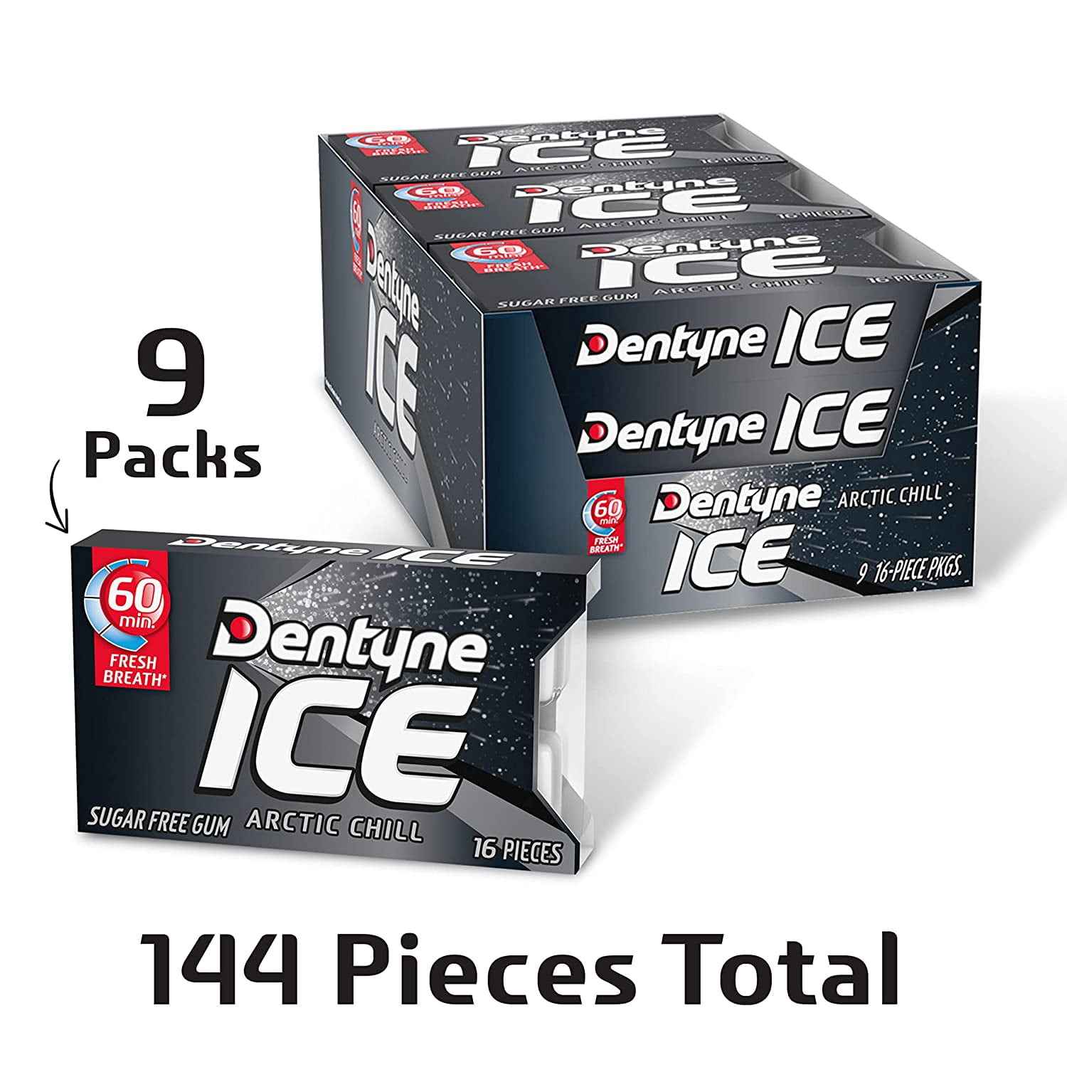 Dentyne Ice Arctic Chill Sugar Free Gum, 16 Piece Count Pack of 9 (144 Total Pieces) 2 Pack Boxes Bundle Double Up and Save