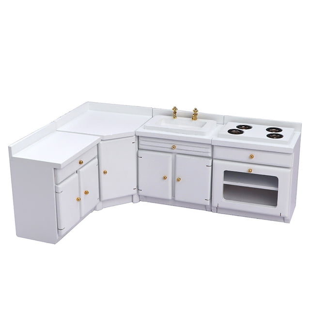 Set de cocina en miniatura blanco a escala 1:12 hecho a mano en madera