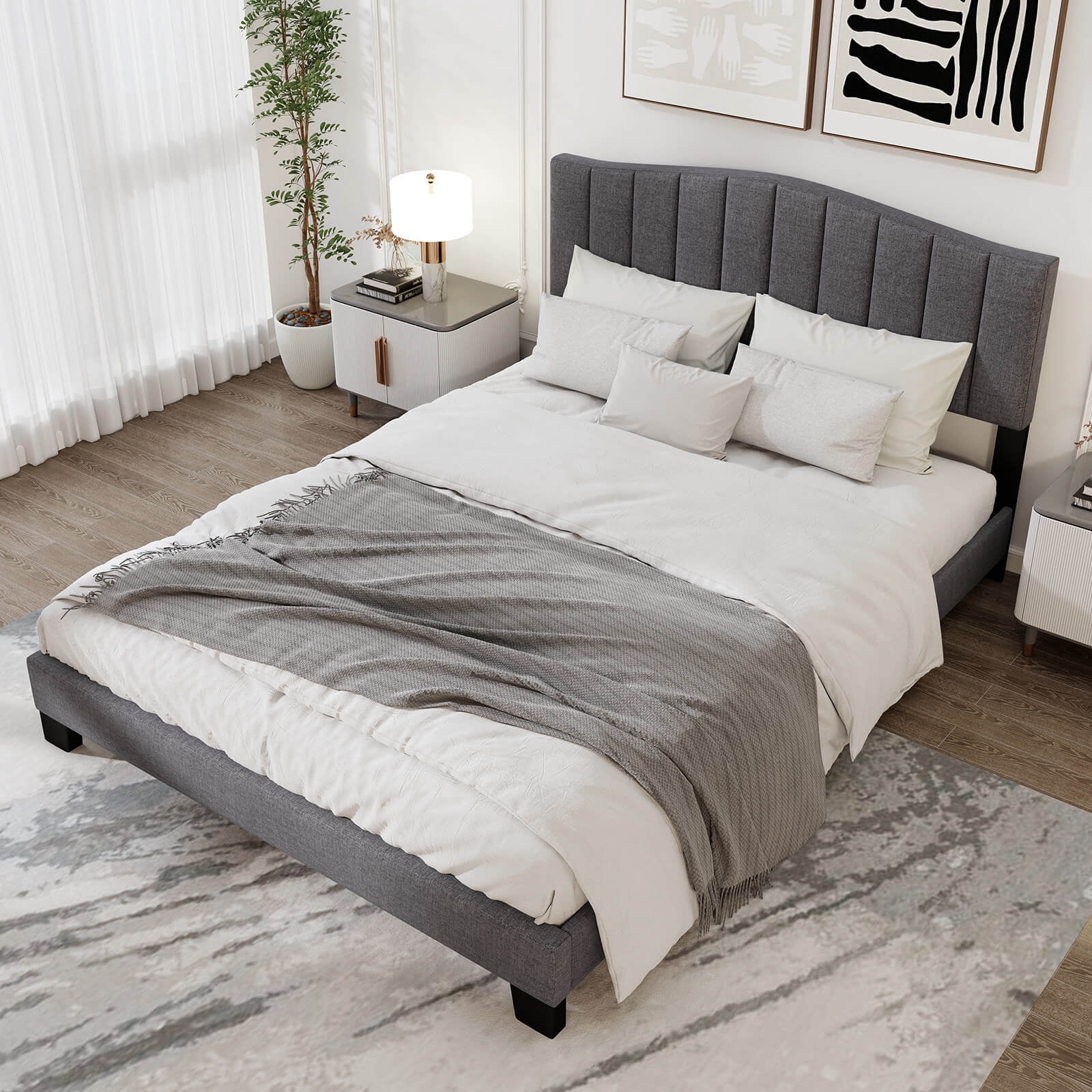 Costway Modern Upholstered Bed Frame Queen Size Platform Bed with Wooden Slat Support