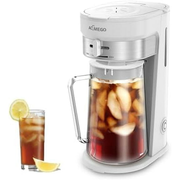 Iced Tea Maker, Brewing System with 2.5-quart Glass Pitcher, sliding strength selector, Stainless Steel Decoration, Reusable Filter（white）