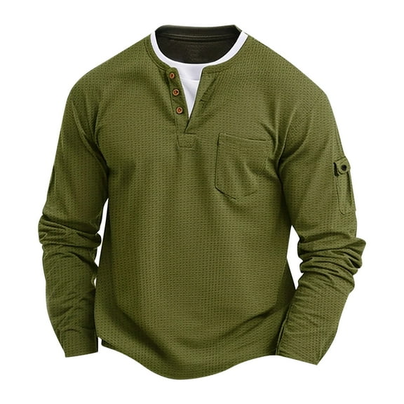 Tawop T Shirts for Man Long Sleeve Pockets V Neck Solid Buttons Casual Army Green L