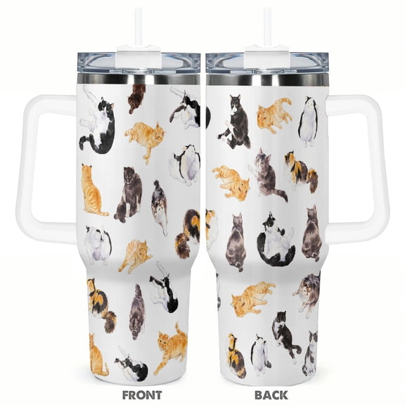 40oz Cute Cat Pattern Travel Tumbler Insulated Car Cup with Handle and Straw Stainless Steel Coffee Cup Kitten Lover Gift
