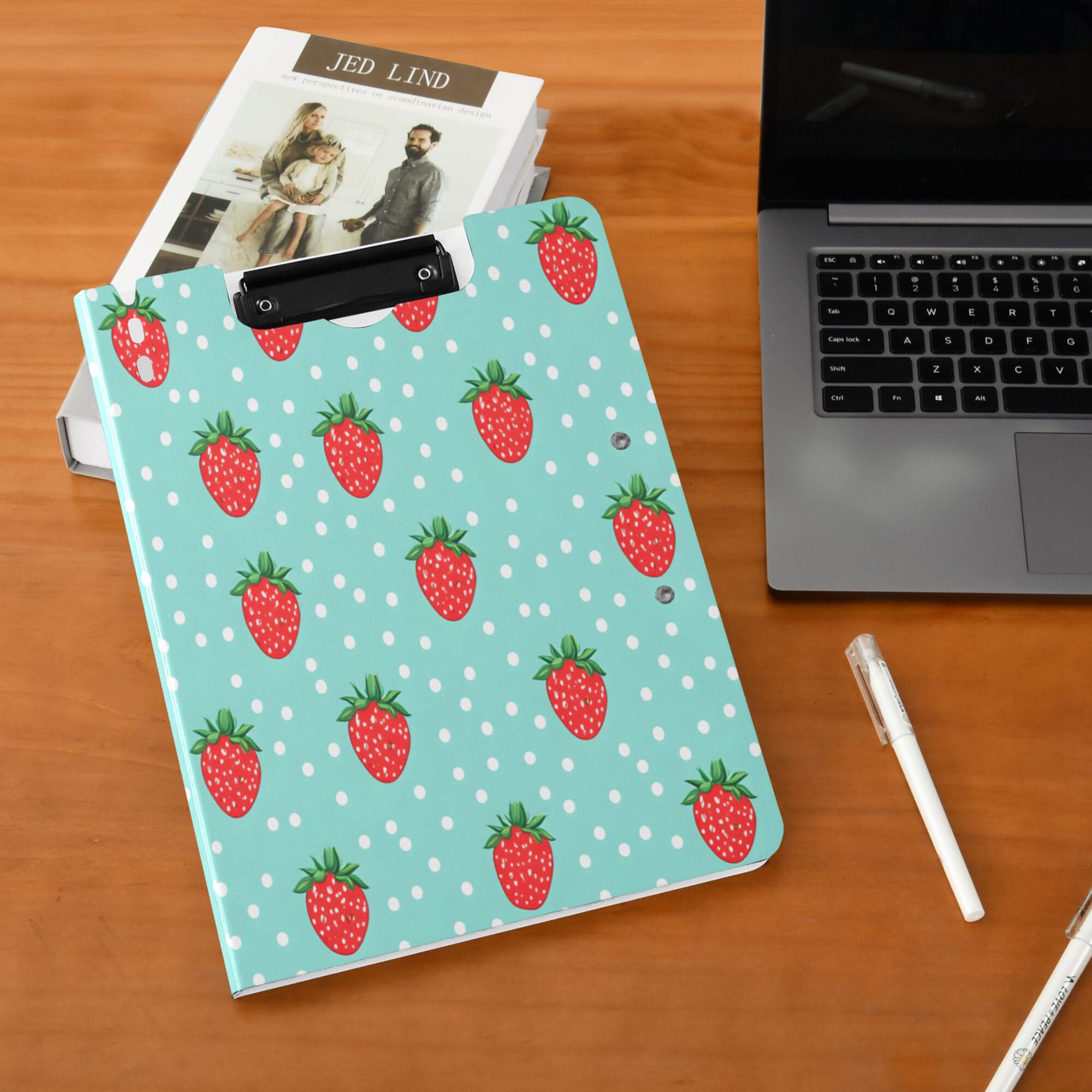 FORMRS A4 Clipboard Folder with Pen Holder Horizontal Foldable School Office Binder, Strawberry Pattern