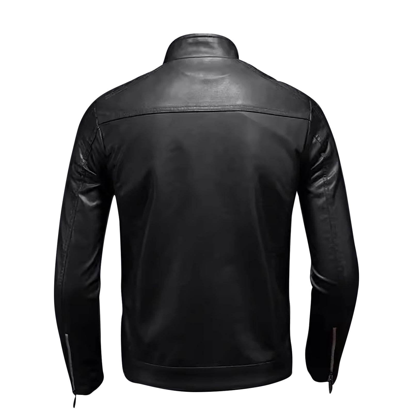 USNSM (M-5XL) Big and Tall Mens Stand Collar Slim Leather Jacket Motorcycle Causal Coat Long Sleeve Hoodless Leather Jackets Black XXXXXL