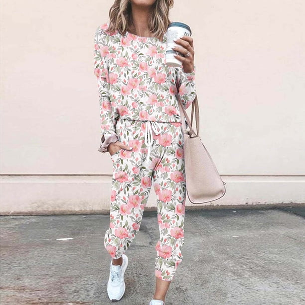Puntoco Conjuntos de pijamas cómodos para mujer, pantalones de manga larga con cuello redondo y estampado de letras de invierno, conjuntos de pijamas informales para el hogar