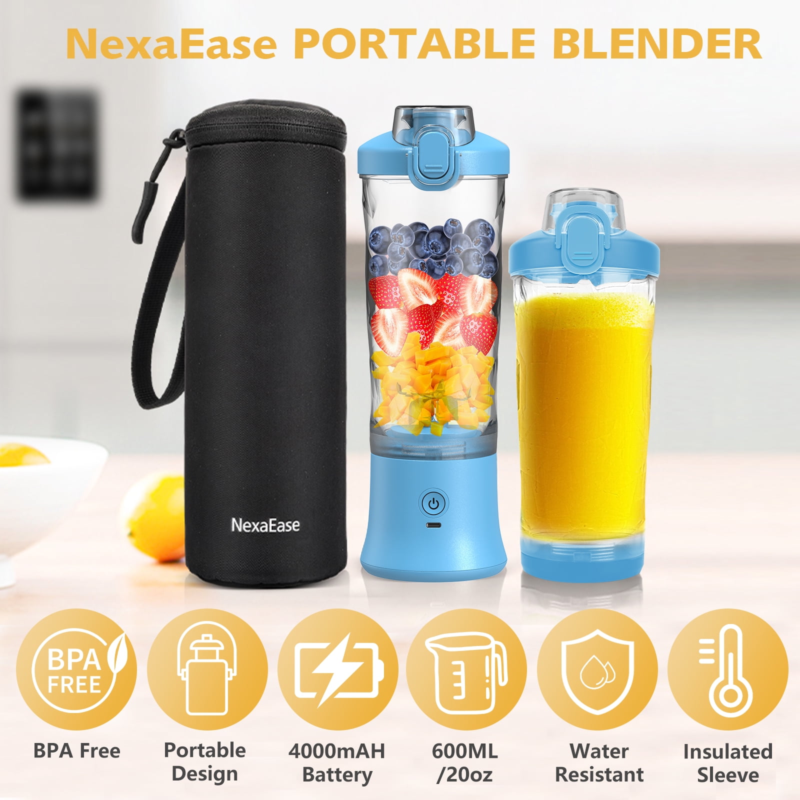 Portable Blender Personal Juicer for Shakes and Smoothies - 20 OZ Electric Protein Shaker Bottle with Insulated Sleeve, Travel Lid, USB-C Rechargeable - Mini Small Blender Cup for Kitchen Office Gym