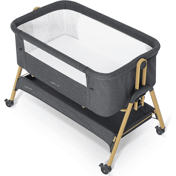 ANGELBLISS Flat Bedside Bassinet, Easy Folding Bedside Crib with 100% Breathable & Washable Mattress Bed(Black)(0-6 months)