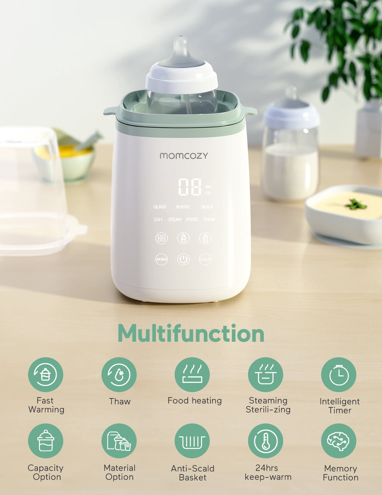 Momcozy Baby Bottle Warmer, 6-in-1 Baby Milk Warmer with Smart Temperature Control, Breastmilk Warmer, Fast Baby Food Heater, Steam Sterilizer