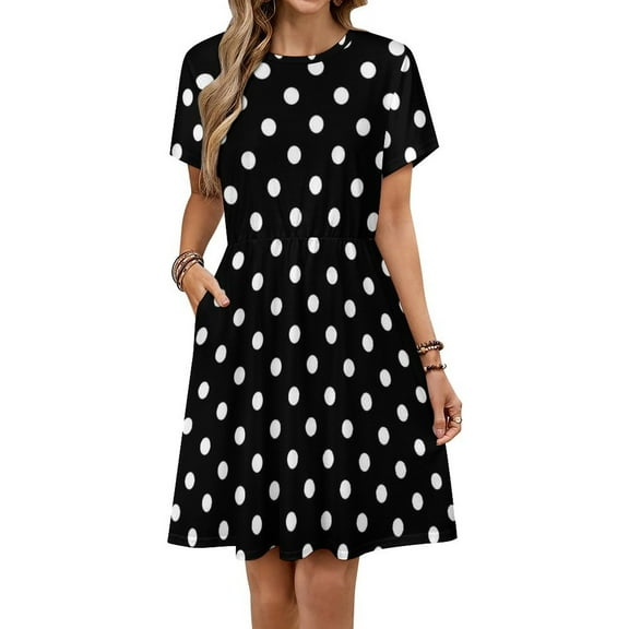 White Polka Dots Black Background Sundress Short Sleeve Dress Summer Women Clothes Dress for Women Dresses