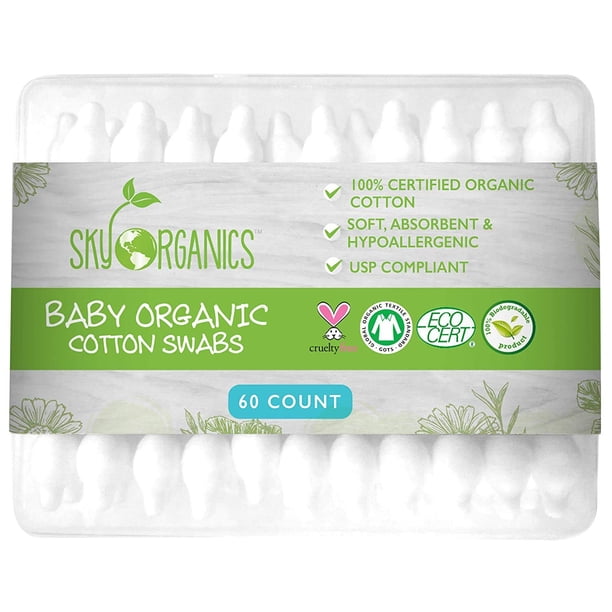 Hisopos de algodón orgánico para bebé Sky Organics, 60 unidades
